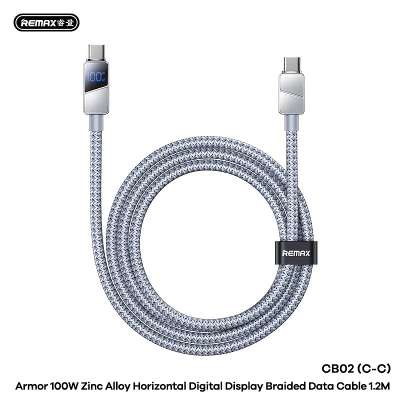 REMAX Armor Zinc Alloy Horizontal Digital Display Braided Data Cable 1.2M CB02 (A-L) 3A (A-C) 66W (C-C) 100W ((C-L) 30W)