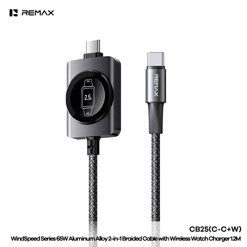 REMAX WindSpeed Series 65W Aluminum Alloy 2-in-1 Braided Cable with Wireless Watch Charger 1.2M CB25(C-C+W) Supports charging for original Apple Watch and original Samsung Watch