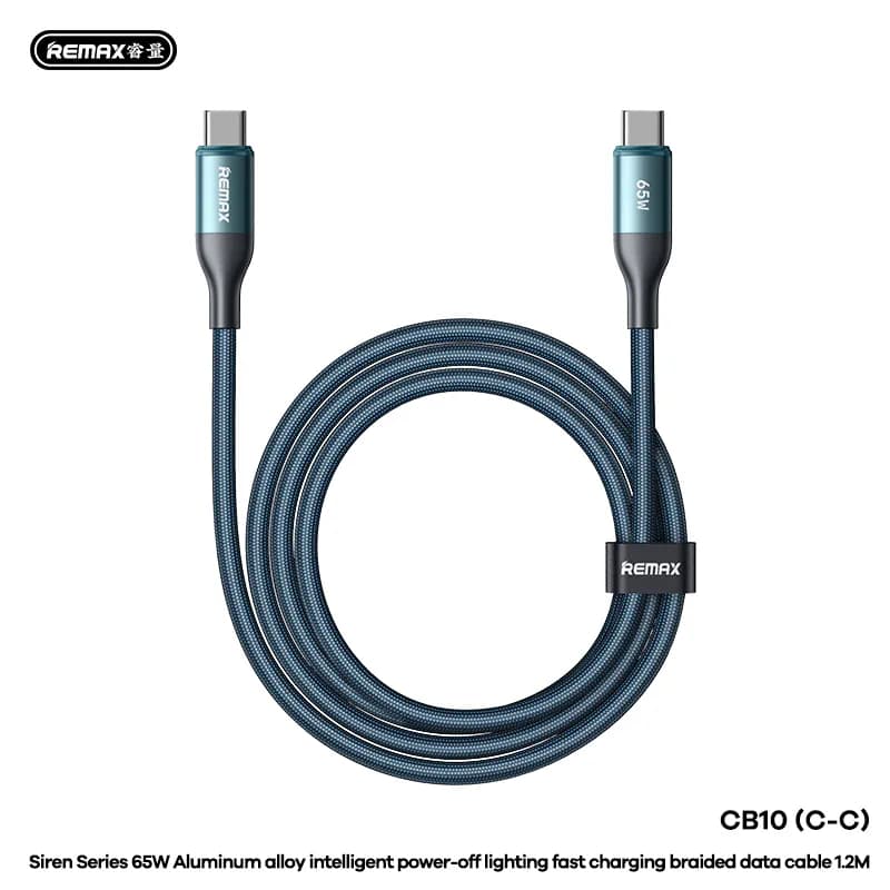 REMAX Siren aluminum alloy intelligent power-off lighting fast charging braided data cable 1.2M CB10 (A-L) 3A (A-C) 66W (C-C)65W ((C-L) 30W)