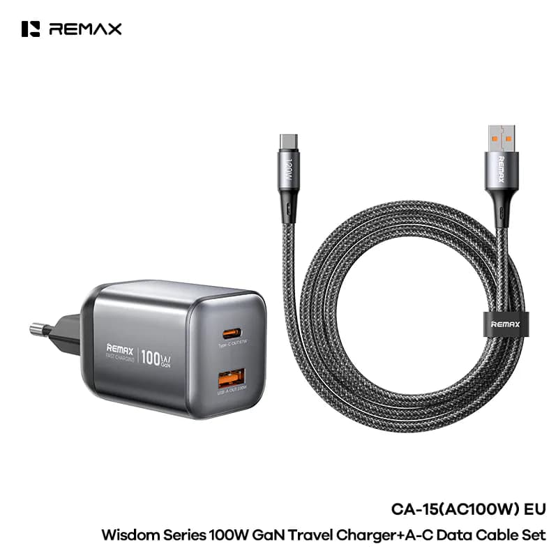 REMAX Wisdom Series 100W GaN Travel Charger + A-C Data Cable Set CA-15(AC100W)