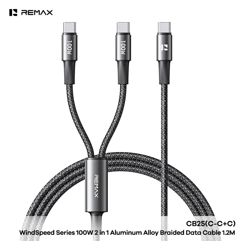 REMAX WindSpeed Series 100W 2 in 1 Aluminum Alloy Braided Data Cable Black 1.2M (CB25 C-C+C)