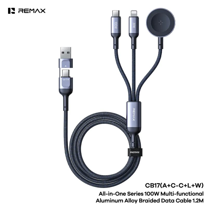 REMAX All-in-One Series 100W Multi-functional Aluminum Alloy Braided Data Cable CB17(A+C-C+L+W) 1.2M (for iWatch and Samsung watches)