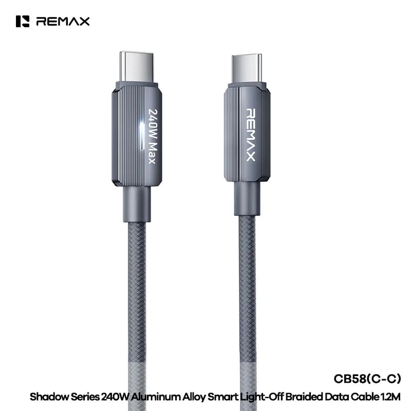 REMAX Shadow Series 240W Aluminum Alloy Smart Light-Off Braided Data Cable CB58 (C-C)1.2M