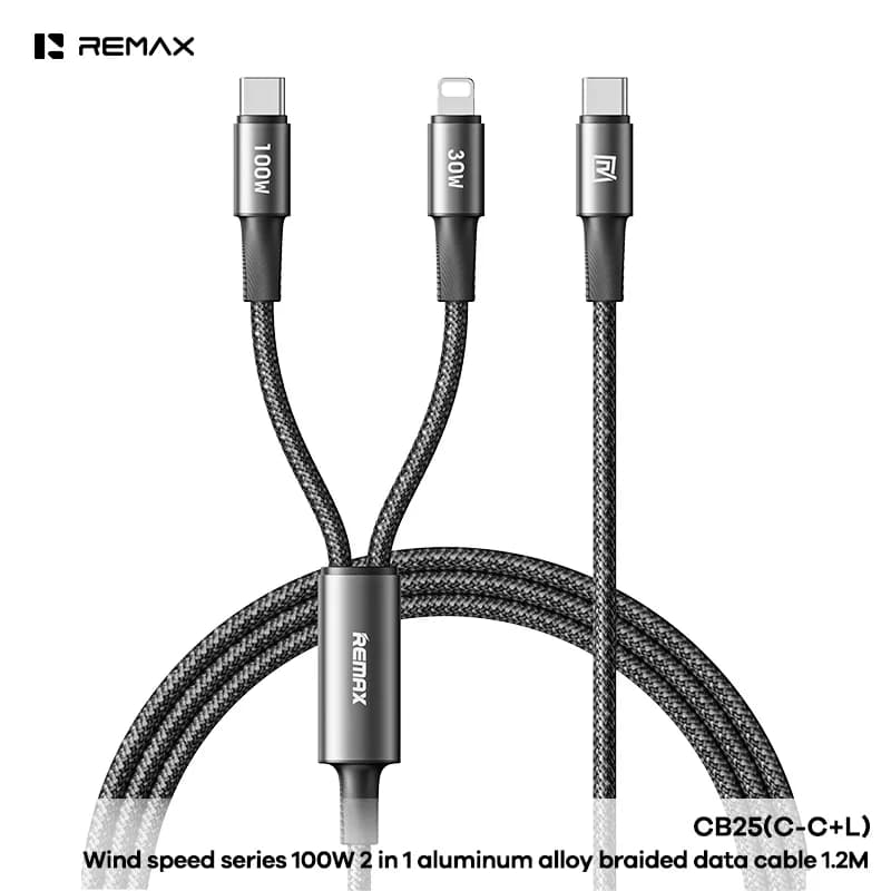 REMAX Wind speed 100W 2 in 1 Aluminum alloy braided data cable 1.2M (CB25(C-C+L))