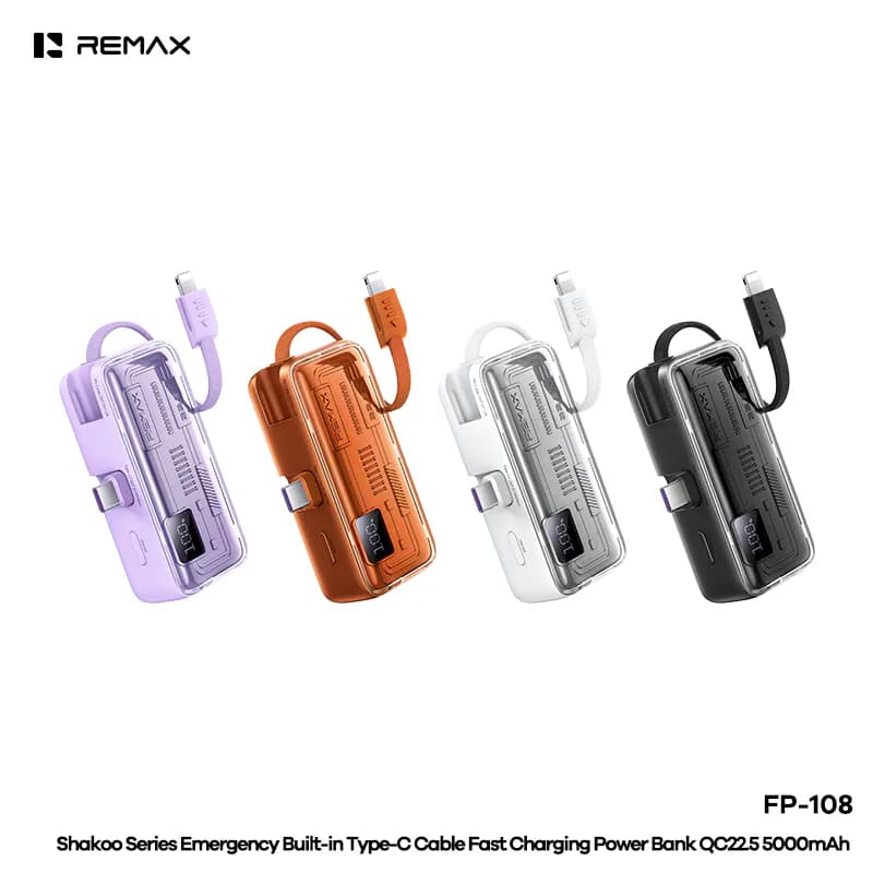 REMAX Shakoo Series QC22.5W Emergency Built-in Type-C Cable Fast Charging Plug and Play Power Bank 5000mAh (FP-108)