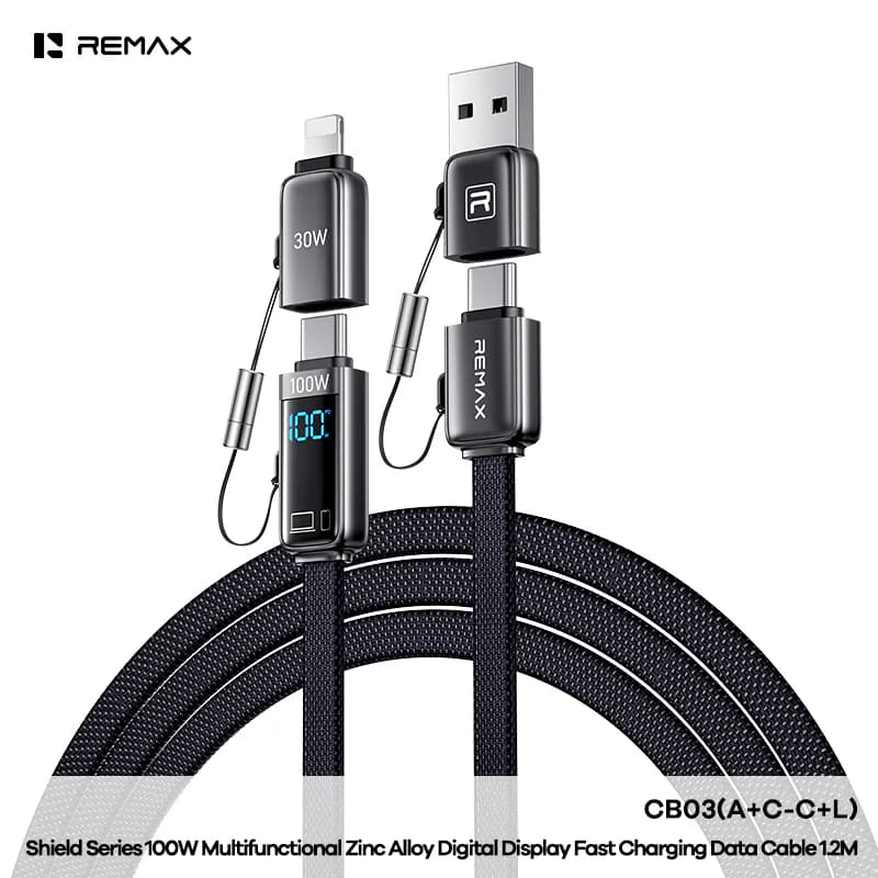 REMAX Shield Series 100W Multifunctional Zinc Alloy Digital Display Fast Charging Data Cable 1.2M (CB03(A+C-C+L))
