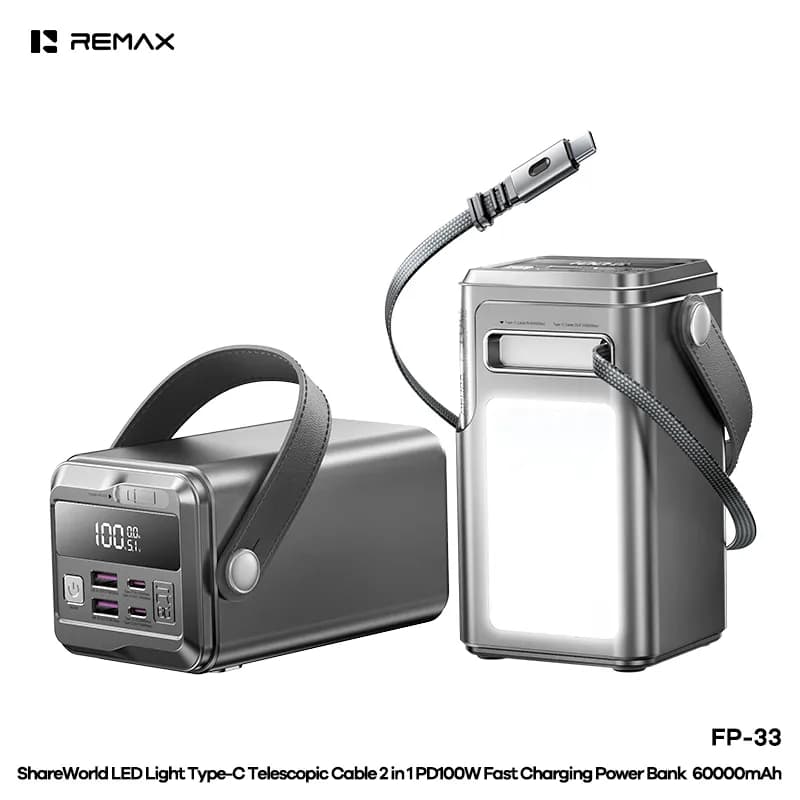 REMAX ShareWorld LED Light Type-C Telescopic Cable 2 in 1 PD100W Fast Charging Power Bank 60000mAh (FP-33)