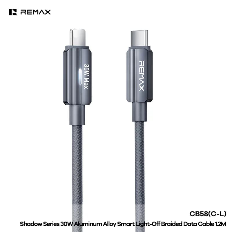 REMAX Shadow Series 30W Aluminum Alloy Smart Light-Off Braided Data Cable CB58 (C-L)1.2M